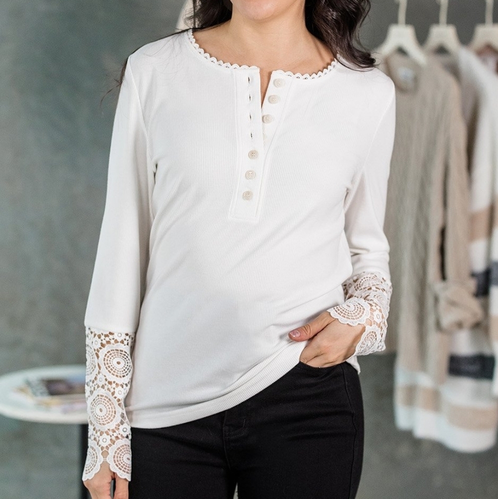 *NWT* ADA CASEY "My Sweet Time Top" Chic White Lace Cuff Women's Long Sleeve Top